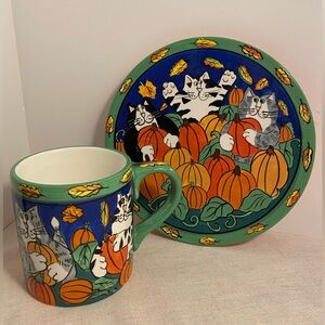 Vintage Catzilla Halloween cat pumpkin Mug plate SET Candace Reiter art 2001